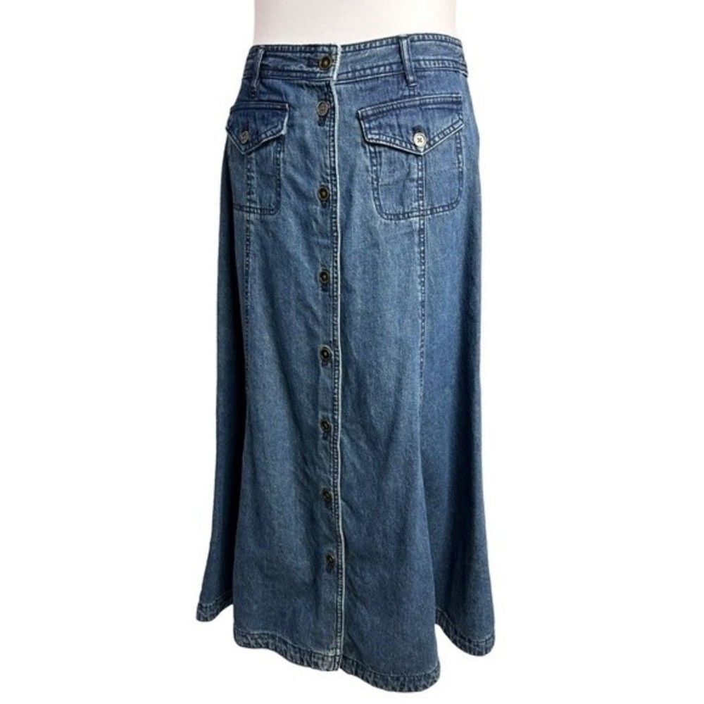 Vintage Denim Blue Button Front Patch Pocket A-line Midi Skirt Size 4